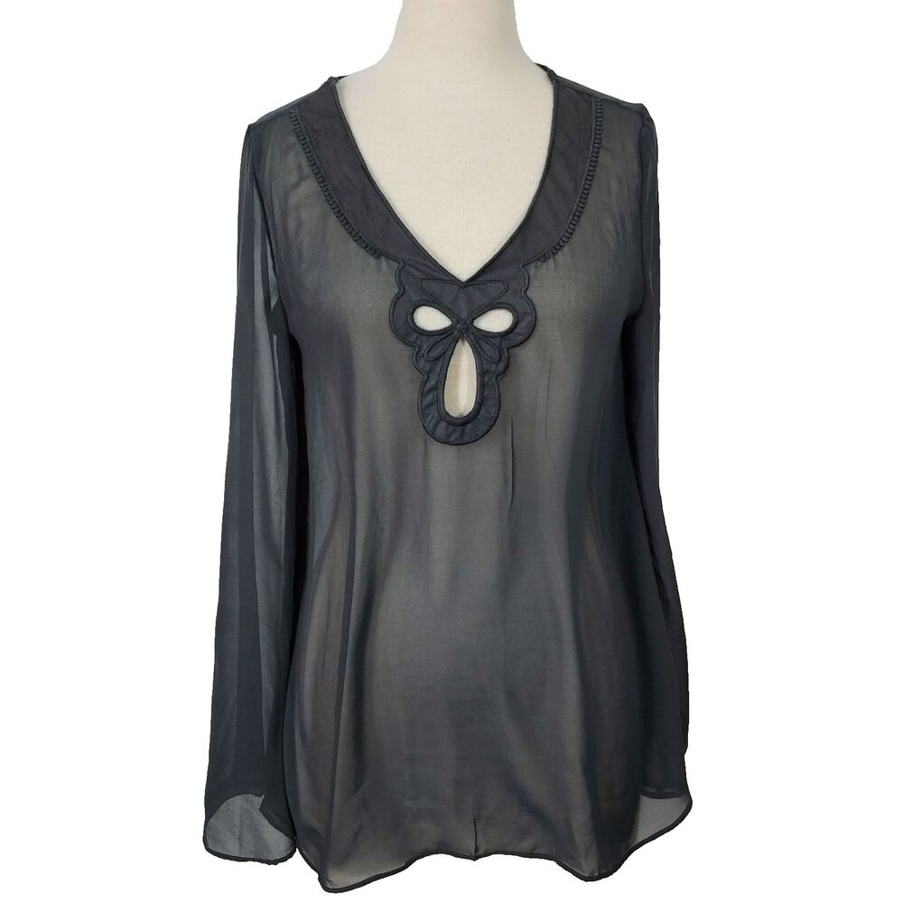Monoreno Shirt Top Women Size Medium Sheer Dark Gray Long Flared Sleeve NEW